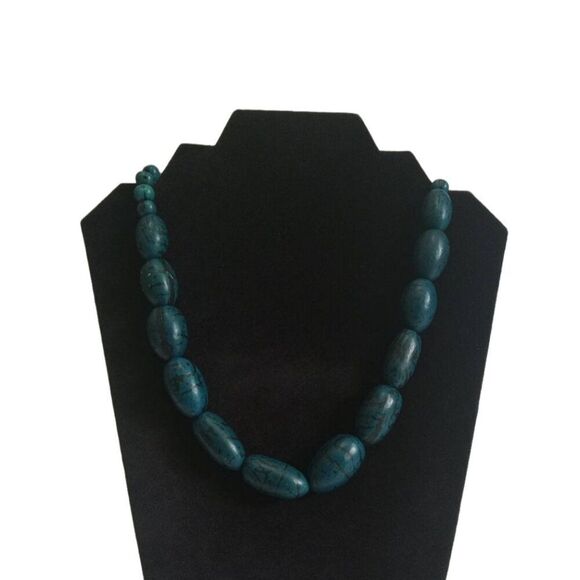 Dark Teal & Black Marbled Chunky Oval Shaped Wood Beaded Single Strand Necklace - Picture 1 of 11